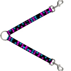 Dog Leash Splitter - Pixilated Checker Black/Fuchsia/Turquoise