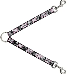 Dog Leash Splitter - Punk Heart & Cross Bones w/Skulls & Splatter Black/White