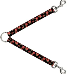 Dog Leash Splitter - Red Roses Scattered Black