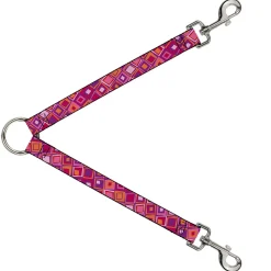 Dog Leash Splitter - Skewed Squares Stacked Purple/Orange/Pinks