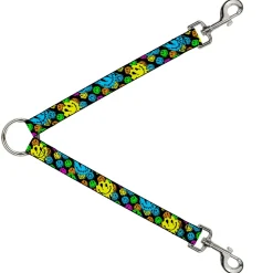 Dog Leash Splitter - Smiley Faces Melted Stacked Black Multi Neon
