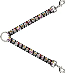 Dog Leash Splitter - Sugar Skull Outline Black/Multi Color