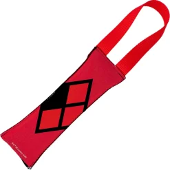 Dog Toy Squeaky Tug Toy - Harley Quinn Face + Diamond Icon CLOSE-UP Black Red - RED Webbing
