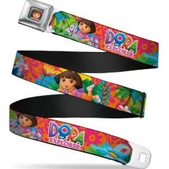 Dora Pose Full Color Pink/Green Seatbelt Belt - DORA THE EXPLORER Dora Poses/Floral Collage Orange/Pink Webbing