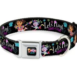 DORA THE EXPORER Logo2 Black/Multi Color Seatbelt Buckle Collar - Dora & Boots Pose/Floral LET'S PLAY!/VAMOS A JUGAR! Black/White/Multi Color