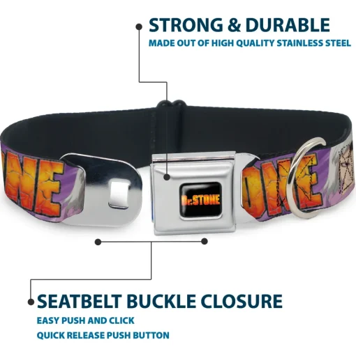 DR. STONE Title Logo Full Color Black/Orange Seatbelt Buckle Collar - DR. STONE Title Logo and Gen Asagiri Face Purples