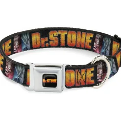 DR. STONE Title Logo Full Color Black/Orange Seatbelt Buckle Collar - DR. STONE Title Logo and Ibarra Suika Split Pose Black