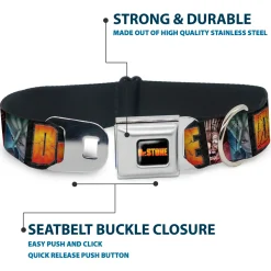 DR. STONE Title Logo Full Color Black/Orange Seatbelt Buckle Collar - DR. STONE Title Logo and Ibarra Suika Split Pose Black