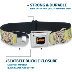 DR. STONE Title Logo Full Color Black/Orange Seatbelt Buckle Collar - Dr. Stone Chibi Senku and Gen Faces Stars Yellows
