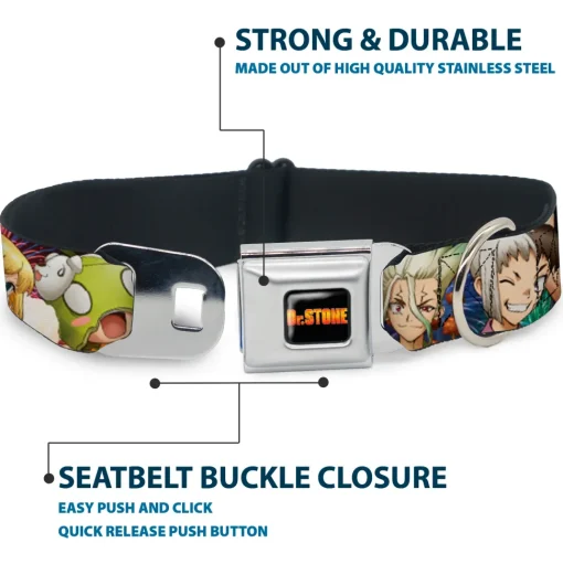 DR. STONE Title Logo Full Color Black/Orange Seatbelt Buckle Collar - Dr. Stone Character Group Faces Close-Up