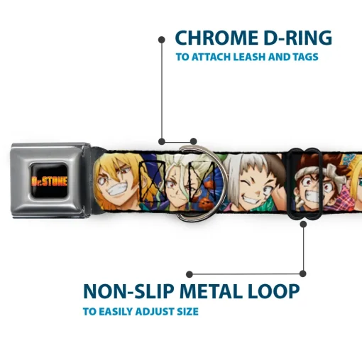 DR. STONE Title Logo Full Color Black/Orange Seatbelt Buckle Collar - Dr. Stone Character Group Faces Close-Up