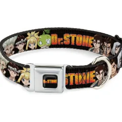 DR. STONE Title Logo Full Color Black/Orange Seatbelt Buckle Collar - DR. STONE Title Logo and Character Group Black