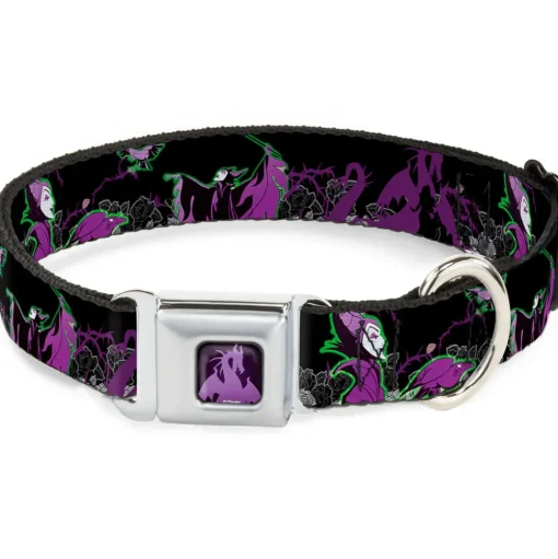 Dragon Maleficent Full Color Black Purple Seatbelt Buckle Collar - Maleficent & Diablo Black Roses/Purples