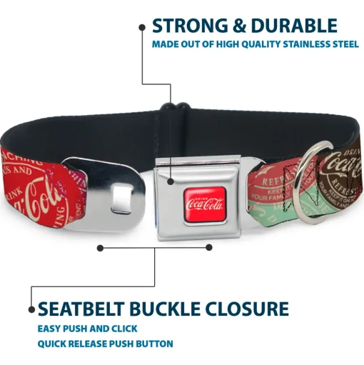 DRINK COCA-COLA Logo Full Color Red/White Seatbelt Buckle Collar - DRINK COCA-COLA Coke Patches Stacked Reds/Multi Color
