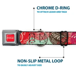 DRINK COCA-COLA Logo Full Color Red/White Seatbelt Buckle Collar - DRINK COCA-COLA Coke Patches Stacked Reds/Multi Color