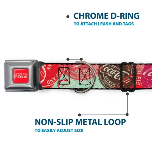 DRINK COCA-COLA Logo Full Color Red/White Seatbelt Buckle Collar - DRINK COCA-COLA Coke Patches Stacked Reds/Multi Color