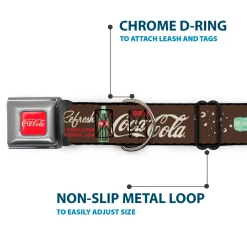 DRINK COCA-COLA Logo Full Color Red/White Seatbelt Buckle Collar - Coca-Cola PAUSE AND REFRESH Typography and Bottle Brown/Red/White