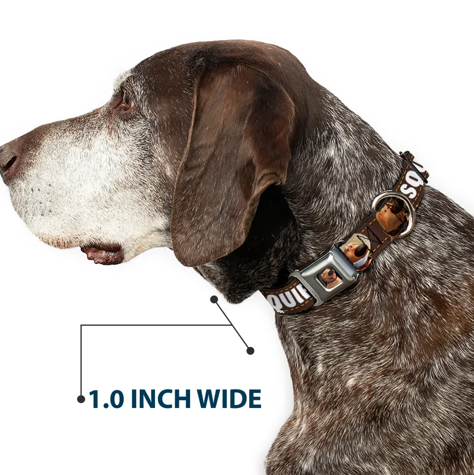 Dug Tongue Out Pose Full Color Black Seatbelt Buckle Collar - Dug 3-Poses/SQUIRREL! Brown/Yellow/White