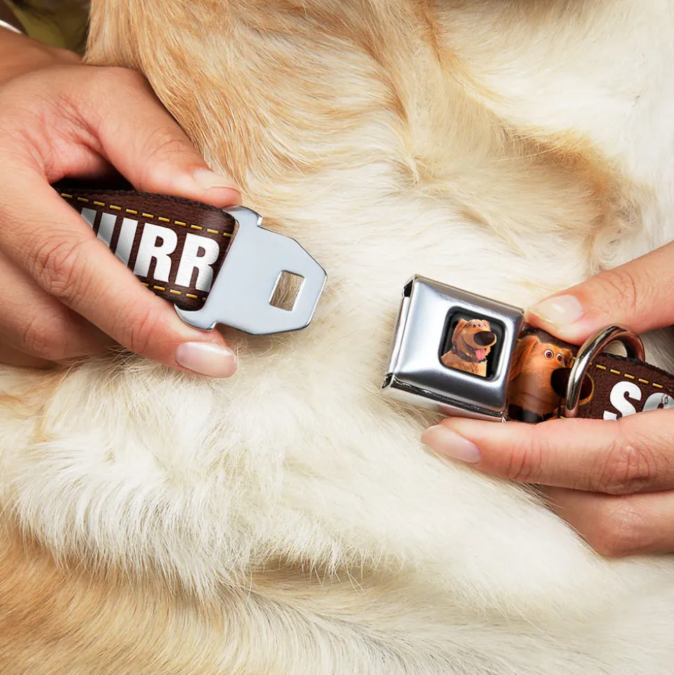 Dug Tongue Out Pose Full Color Black Seatbelt Buckle Collar - Dug 3-Poses/SQUIRREL! Brown/Yellow/White