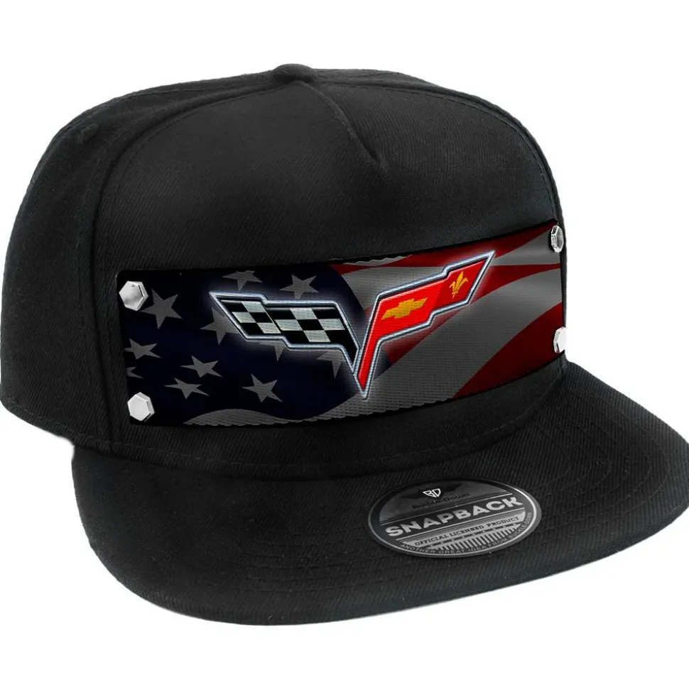 Embellishment Trucker Hat BLACK - Full Color Strap - C6 Emblem Waving American Flag