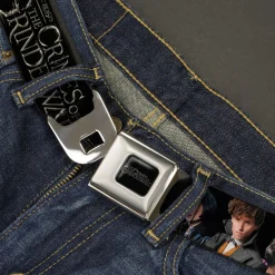 FANTASTIC BEASTS THE CRIMES OF GRINDELWALD Logo Full Color Black/Silvers Seatbelt Belt - FANTASTIC BEASTS THE CRIMES OF GRINDELWALD 3-Character Group Pose Black/Silvers Webbing