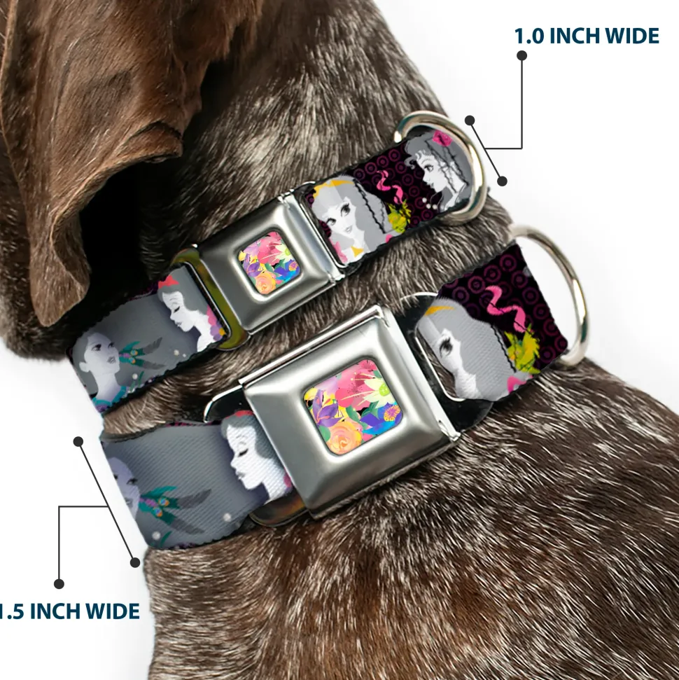 Floral Collage Full Color Multi Pastel Seatbelt Buckle Collar - Princess Silhouettes Dots Black/Purple/Gray/Multi Color