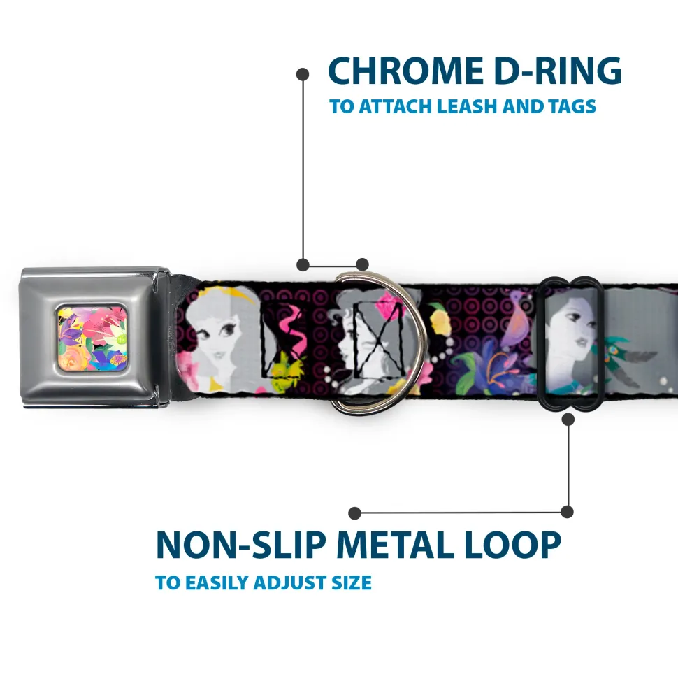 Floral Collage Full Color Multi Pastel Seatbelt Buckle Collar - Princess Silhouettes Dots Black/Purple/Gray/Multi Color