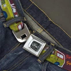 Ford Emblem Seatbelt Belt - Vintage Ford Bronco-BUCKIN' BRONCO Wine/Red/Orange/Green Webbing