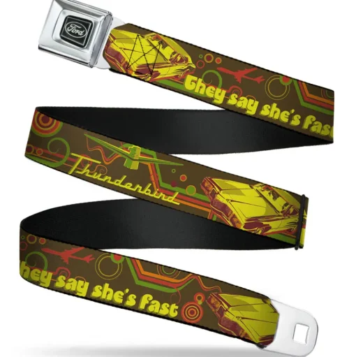 Ford Emblem Seatbelt Belt - Vintage Ford THUNDERBIRD-THEY SAY SHE'S FAST Browns/Yellows Webbing