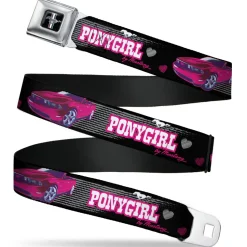 Ford Mustang Emblem Seatbelt Belt - Mustang PONY GIRL/Tire Tread Black/Gray/Fuchsias Webbing