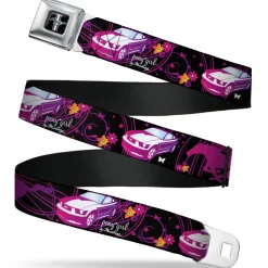 Ford Mustang Emblem Seatbelt Belt - Mustang Silhouette/PONY GIRL/Flowers Black/Fuchsias Webbing