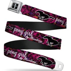 Ford Mustang Emblem Seatbelt Belt - Mustang PONY GIRL/Floral Collage Black/Pinks/White Webbing