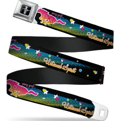 Ford Mustang Emblem Seatbelt Belt - Mustang PONY GIRL UNTAMED SPIRIT/Stars Black/Multi Color Webbing