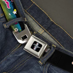 Ford Mustang Emblem Seatbelt Belt - Mustang PONY GIRL UNTAMED SPIRIT/Stars Black/Multi Color Webbing