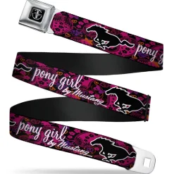 FORD MUSTANG Tri-Bar Logo Full Color Black White Silver Red Blue Seatbelt Belt - Mustang PONY GIRL/Floral Collage Black/Pinks/White Webbing