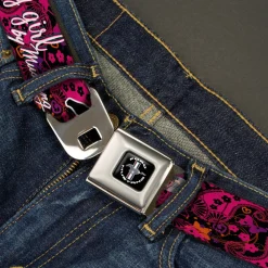 FORD MUSTANG Tri-Bar Logo Full Color Black White Silver Red Blue Seatbelt Belt - Mustang PONY GIRL/Floral Collage Black/Pinks/White Webbing