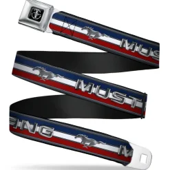 FORD MUSTANG Tri-Bar Logo Full Color Black White Silver Red Blue Seatbelt Belt - Mustang/Text w/Tri-Bar Stripe Webbing
