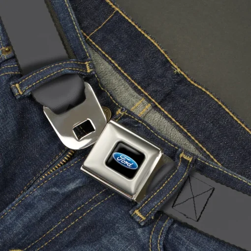 Ford Oval Full Color Black/Blue Seatbelt Belt - Charcoal Webbing