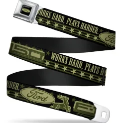 FORD Oval Full Color Black Tan Olive Seatbelt Belt - FORD F-150 WORKS HARD, PLAYS HARDER./Stars Black/Tan/Olive Webbing