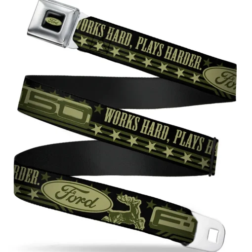 FORD Oval Full Color Black Tan Olive Seatbelt Belt - FORD F-150 WORKS HARD, PLAYS HARDER./Stars Black/Tan/Olive Webbing