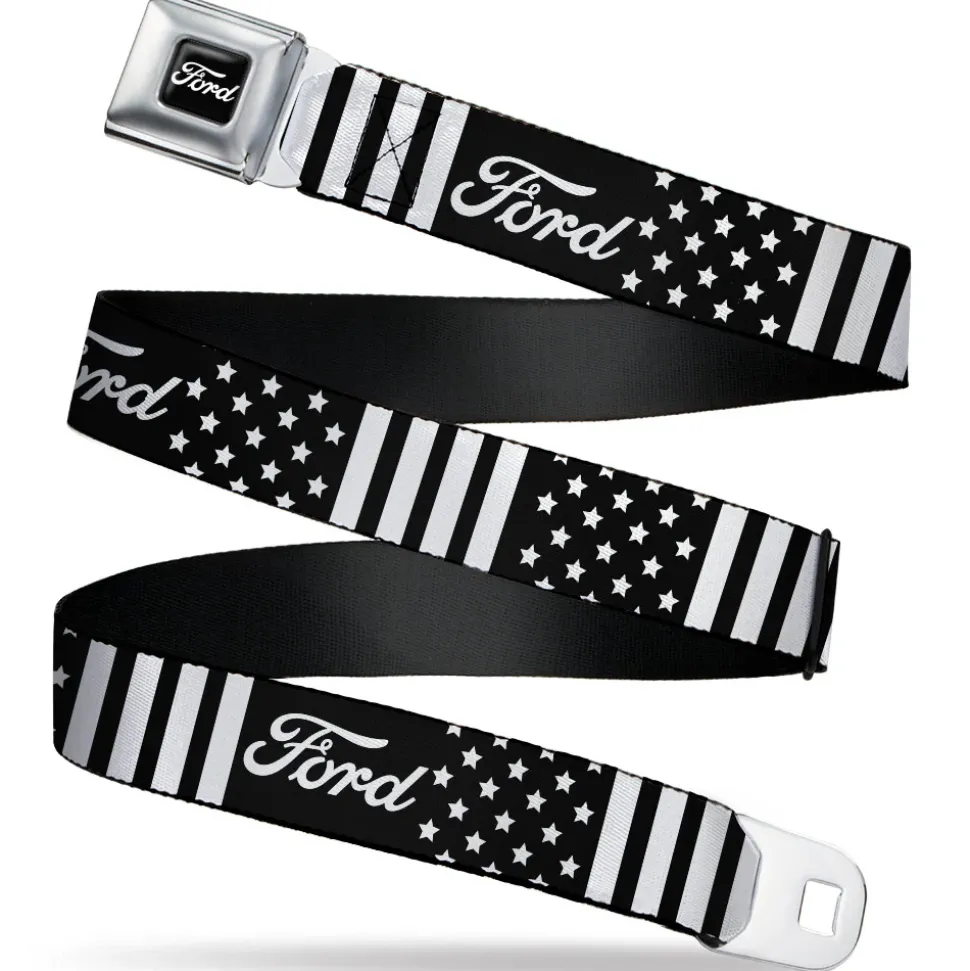 FORD Script Full Color Black/White Seatbelt Belt - FORD Script Americana Stars and Stripes Black/White Webbing