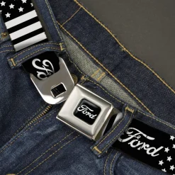 FORD Script Full Color Black/White Seatbelt Belt - FORD Script Americana Stars and Stripes Black/White Webbing