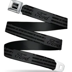FORD Script Full Color Black/White Seatbelt Belt - FORD Script Stripe Blocks Weathered Gray/Black Webbing