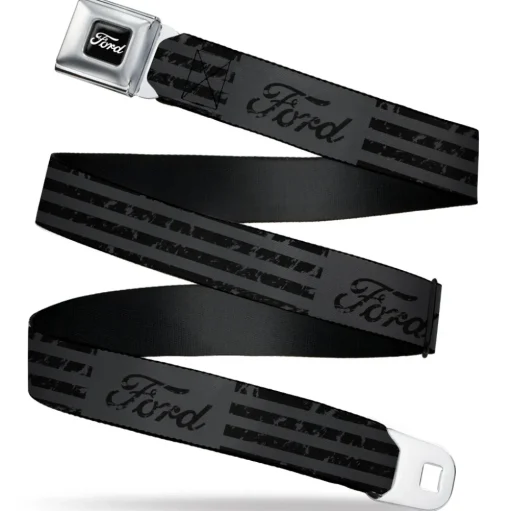 FORD Script Full Color Black/White Seatbelt Belt - FORD Script Stripe Blocks Weathered Gray/Black Webbing