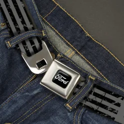 FORD Script Full Color Black/White Seatbelt Belt - FORD Script Stripe Blocks Weathered Gray/Black Webbing