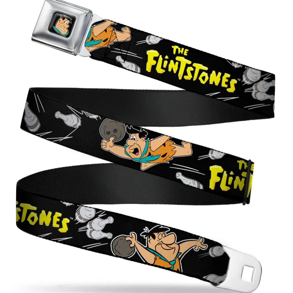 Fred Face Full Color Black Seatbelt Belt - THE FLINTSTONES Fred Bowling Poses/Bowling Pins Black Webbing