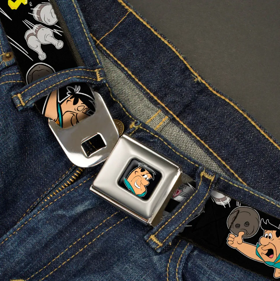 Fred Face Full Color Black Seatbelt Belt - THE FLINTSTONES Fred Bowling Poses/Bowling Pins Black Webbing