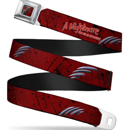 Freddy Krueger Blade Hand Full Color Black/Blood Splatter Seatbelt Belt - A NIGHTMARE ON ELM STREET/Freddy's Hand Scratching Reds/Black/Gray Webbing