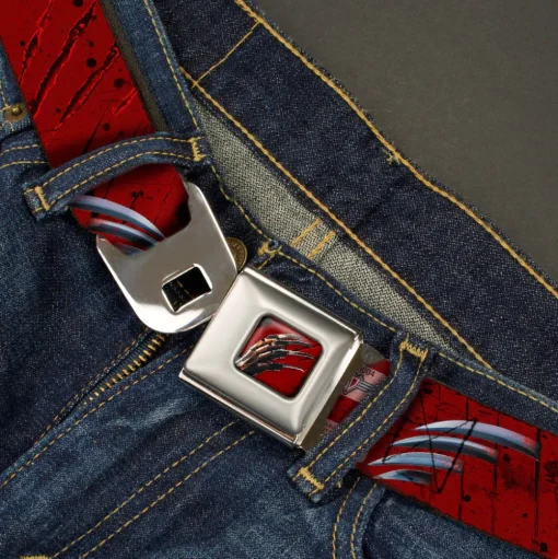 Freddy Krueger Blade Hand Full Color Black/Blood Splatter Seatbelt Belt - A NIGHTMARE ON ELM STREET/Freddy's Hand Scratching Reds/Black/Gray Webbing