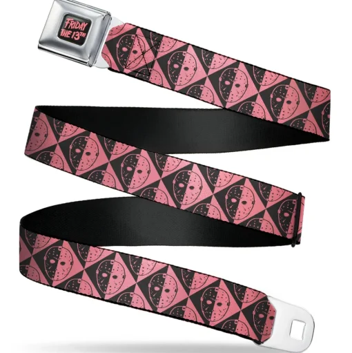 FRIDAY THE 13TH Title Logo Full Color Black/Red Seatbelt Belt - Friday the 13th Jason Mask Diamond Split Black/Red Webbing